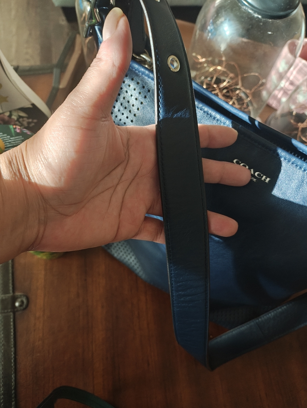 Coach Navy Perforated Leather Hobo with Tassel And Farm Rio Starbucks Tumbler - Picture 7 of 9